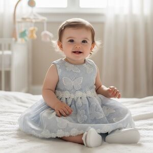 🍭Toddler occasion dress. Elegant Butterfly overlay with light blue lining 2T